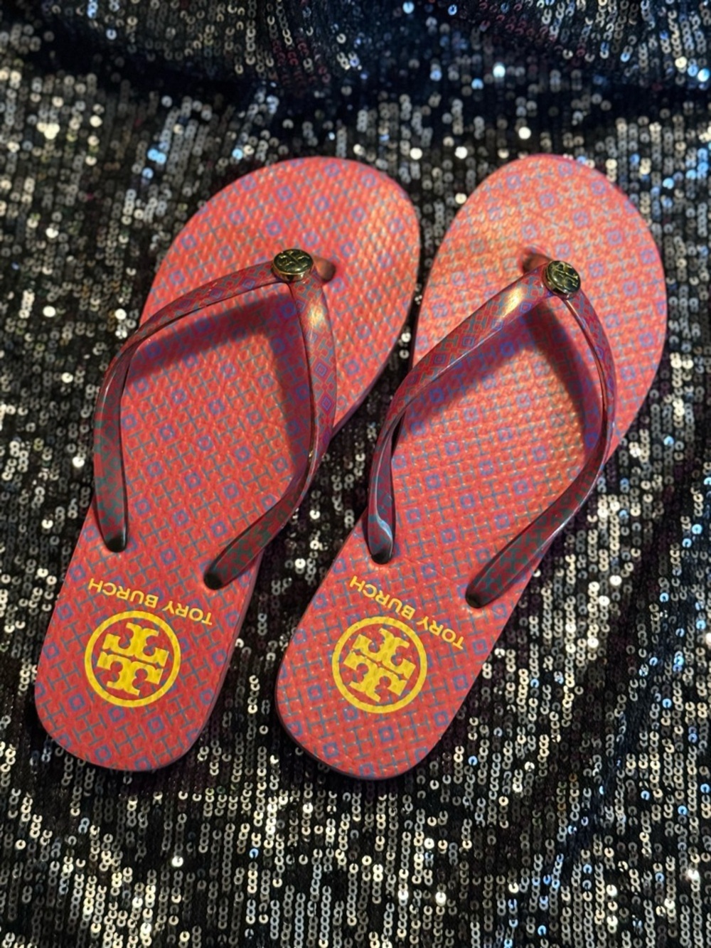 Tory Burch Pink and Blue Patterned Logo Flip Flops - Picture 6 of 14